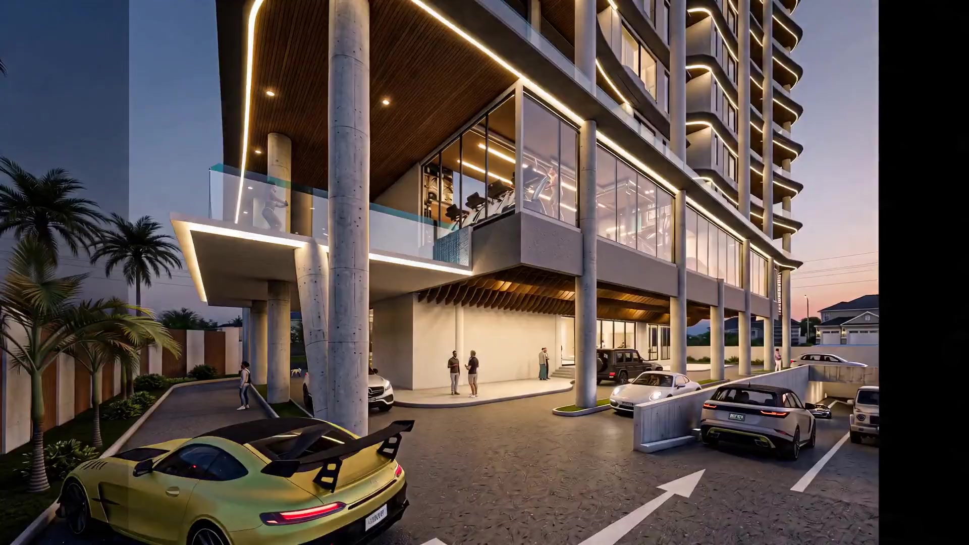 Driving in beneath the podium of Explorer Towers, past the parked cars.