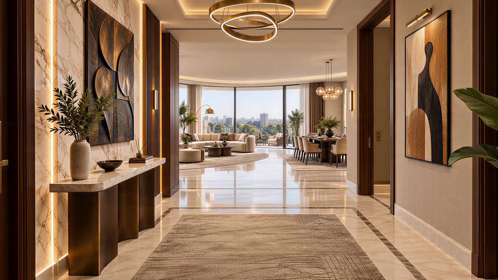 The entrance hall of a three-bedroom residence, looking through to the living rooms.